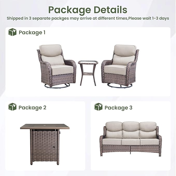 Luxury Patio Furniture Set with 6-inch Thick Cushion, Outdoor Furniture with Fire Pit Table, Swivel Chairs, Side Table - Photo 2