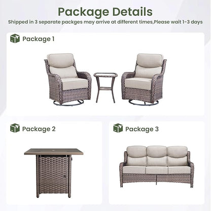 Luxury Patio Furniture Set with 6-inch Thick Cushion, Outdoor Furniture with Fire Pit Table, Swivel Chairs, Side Table, Sofa, 5pcs Wicker Conversation Set for Deck Yard and Poolside(Beige)