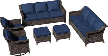 6 Pieces Patio Conversation Furniture Set - 2 Sofas, 2 Swivel Chairs, 2 Ottomansm, Outdoor Wicker Furniture with Removable Cushions for Porch, Balcony, Sunroom (Blue)