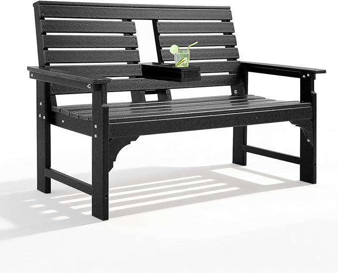 Outdoor Bench Weatherproof - HDPE 2-Person Garden Bench with Cup Holders, Bench Furniture with Backrest and Armrests - Photo 1