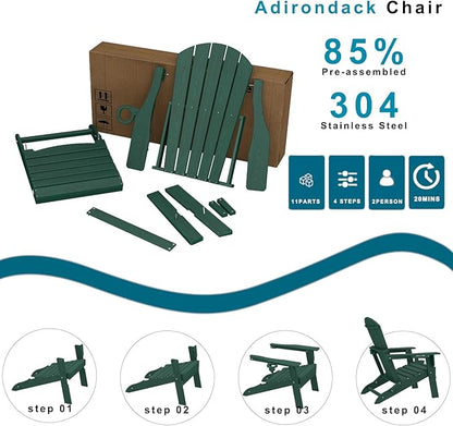 Folding Adirondack Chair Set of 2, HDPE Outdoor Patio Chair with Cup Holder, All Weather Plastic Lawn Chair with Wide Armrests, Portable Patio Chair for Backyard Deck Garden Fire Pit Poolside, Green