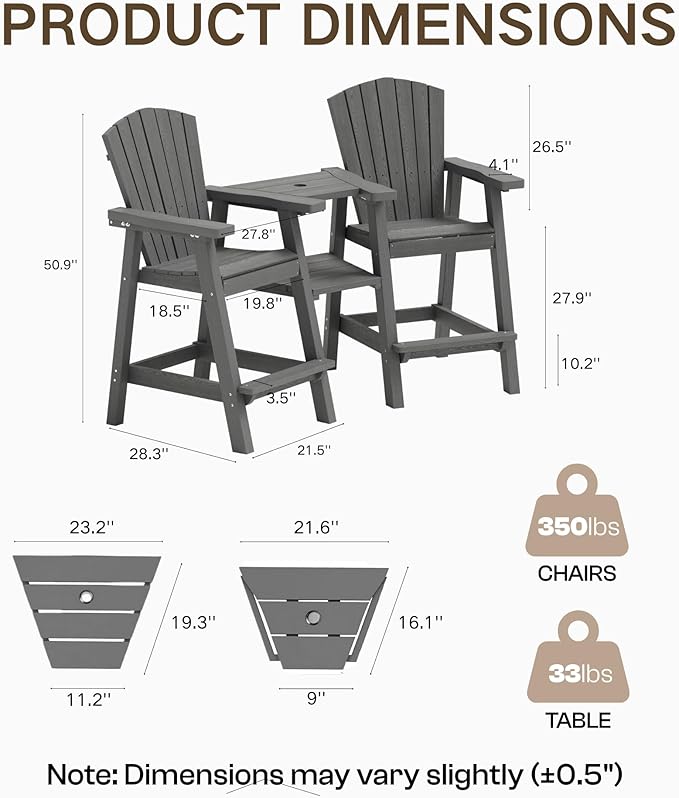 Kingdura Tall Adirondack Chairs Set of 2 with Removable Connecting Tray & 2" Umbrella Hole, Weather-Resistant HDPE Bar Height Outdoor Chairs, Wood-Look Balcony Bar Stools for Patio, Deck, Porch (Grey)