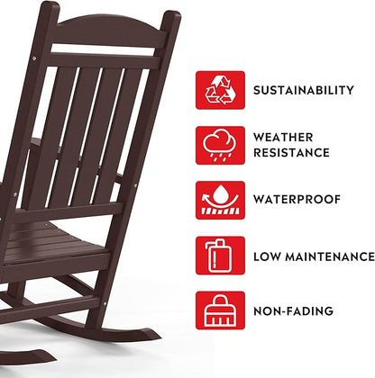 Costaelm Oversized Outdoor Rocking Chair, High Back Porch Rocker Chair, HDPE All Weather Resistant Outdoor Seating Furniture Wide Rocker Chair for Patio, Lawn, Garden, Dark Brown
