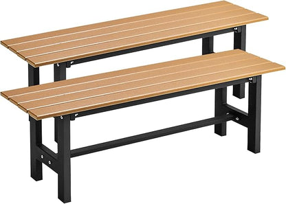 Tangkula 47 Inch HDPE Outdoor Bench Backless Set of 2, Patio Dining Bench with Slatted Seat & Heavy-Duty Metal Frame, 660 LBS Capacity, Weatherproof Outside Bench for Garden, Yard & Porch, Brown