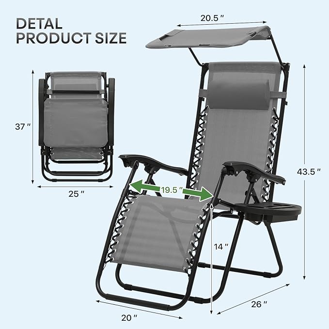 Athena Collection Patio Chairs Set of 2 Reclining Lounge Chair with Cup Holder and Pillow Fabric Camping Chairs with Canopy Foldable Beach Chairs for Garden, Park, Deck, Yard, Poolside, Grey