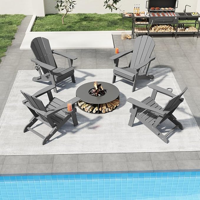Folding Adirondack Chairs with Cup Holders, Set of 4 HDPE Plastic Outdoor Chairs, Weather Resistant, Real Wood Look - Photo 2