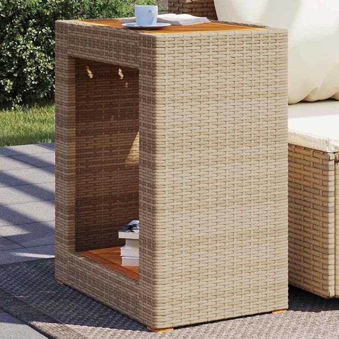 vidaXL Patio Side Table - Beige 23.6"x15.7"x29.5" - Durable Poly Rattan & Acacia Wood Top - Outdoor/Garden/Backyard - Photo 2