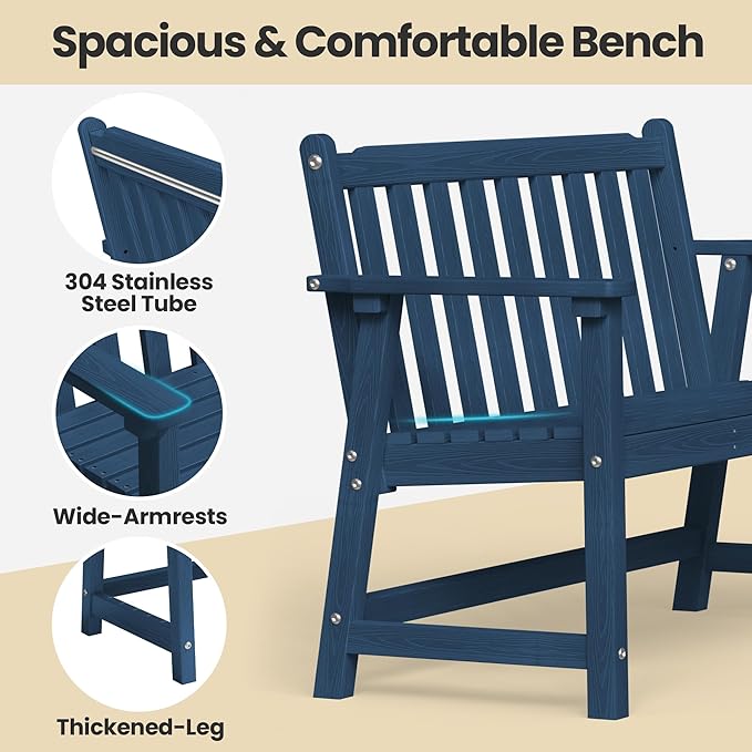 Ciokea 48" Outdoor Bench, HDPE Weatherproof Porch Bench, 2-Person Garden Benches with 550 Lbs, Waterproof Patio Benches for Outside Balcony Deck Backyard, Navy Blue