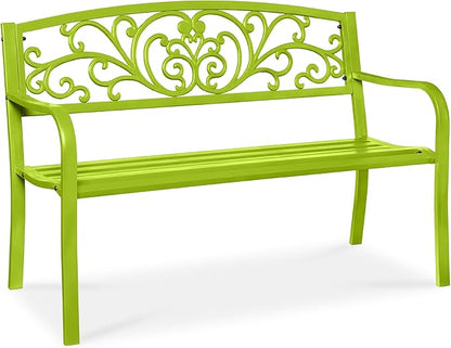 Best Choice Products Outdoor Bench Steel Garden Patio Porch Furniture for Lawn, Park, Deck w/Floral Design Backrest, Slatted Seat - Lime Green