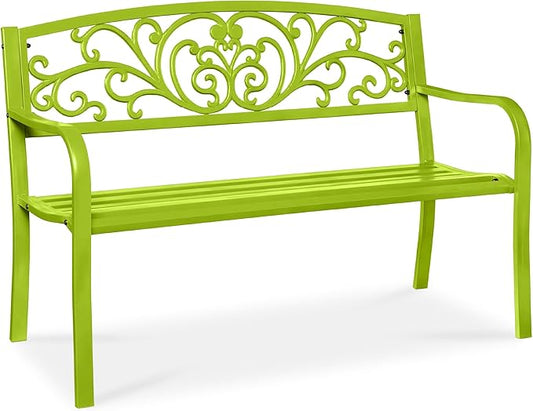 Best Choice Products Outdoor Bench Steel Garden Patio Porch Furniture for Lawn, Park, Deck w/Floral Design Backrest, Slatted Seat - Lime Green