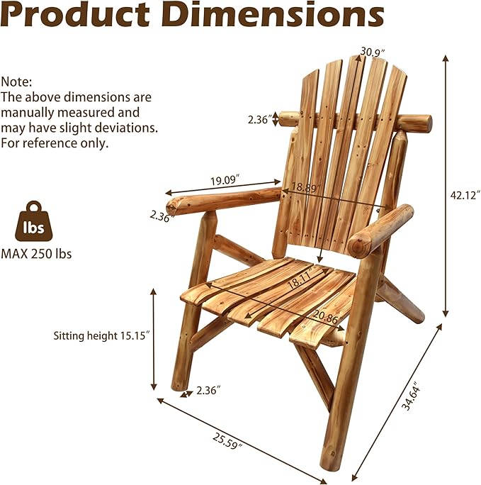 Anraja Wooden Adirondack Chair Outdoor Wood Log Furniture Porch Patio Outside Rustic Seating Indoor Lawn Lounge Country Deck Farmhouse Fire Pit, Brown 42.12in Tall