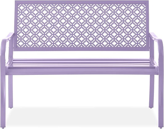 Best Choice Products Outdoor Bench 2-Person Metal Steel Benches Furniture for Garden, Patio, Porch, Entryway w/Geometric Backrest, 790lb Capacity - Lavender