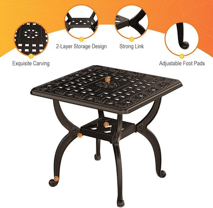 Square Outdoor Coffee Table, Cast Aluminum Side Table with Storage,Indoor End Table, All-Weather Bistro Table for Patio Garden Lawn,Bronze