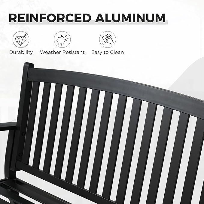 Grand patio 52" Farmhouse Outdoor Bench, Garden Benches with Anti-Rust Aluminum Powder Coated Frame, Faux Wood Grain Finish Frame Patio Bench for Front Porch, Black