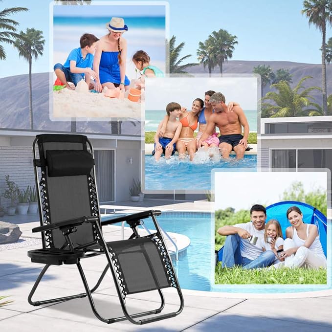 Zero Gravity Chair Patio Chair Lounge Chair Chaise 2 Pack Outdoor Folding Adjustable Recliner Chair with Cup Holder Tray and Pillows for Patio, Pool, Beach, Lawn, Deck, Yard - Black