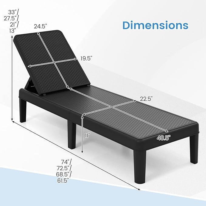 Tangkula Outdoor Chaise Lounger Chair, 4-Position Reclining Chair with Waterproof Rattan Textured PP Surface, 330 lbs Capacity & Easy Assembly for Pool Garden Deck Beach (1,Black)