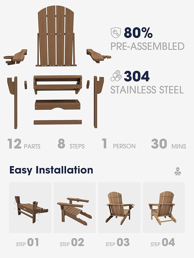 KINGYES Folding Adjustable Adirondack Chair with Ottoman & 2 Cup Holders Set of 4 - Photo 7