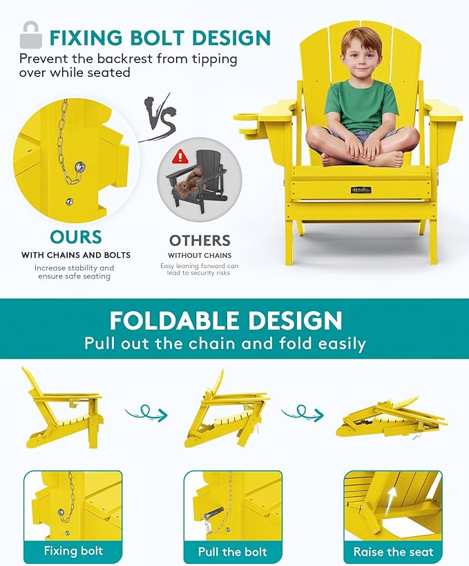 SERWALL Foldable Adirondack Chair Set of 4, Weather Resistant HIPS Patio Chairs with Cup Holder for Garden Outdoors-Lemon