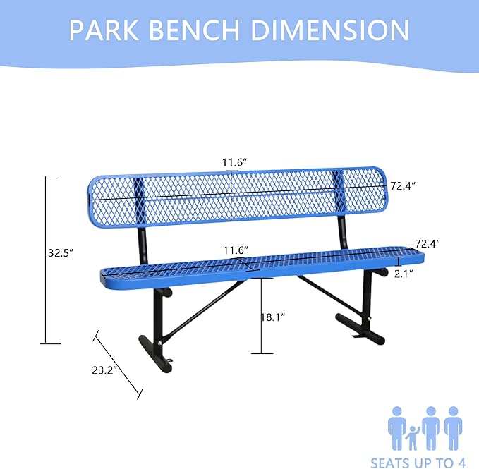 6FT Heavy-Duty Portable Outdoor Bench, Park Benches for Outside, Garden Benches Weatherproof with Backrest & Portable Frame, Commercial-Grade Seat Bench for Park, Garden, School, Shopping Mall