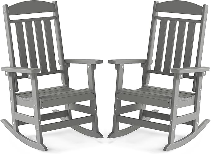 FOOWIN Outdoor Rocking Chair Set of 2, High Back Patio Rocking Chair, HDPE All Weather Resistant Porch Rocker for Adult, Oversized Rocking Chairs for Garden, Lawn, Indoor & Outdoor Use, Grey