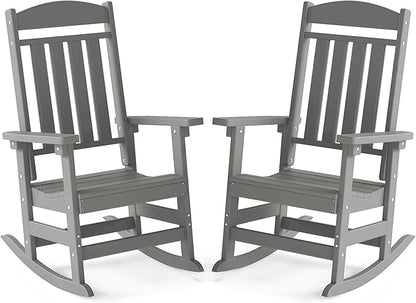 FOOWIN Outdoor Rocking Chair Set of 2, High Back Patio Rocking Chair, HDPE All Weather Resistant Porch Rocker for Adult, Oversized Rocking Chairs for Garden, Lawn, Indoor & Outdoor Use, Grey