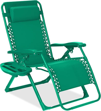 Best Choice Products Adjustable Zero Gravity Chair, Monochromatic Color Folding Patio Recliner w/Side Tray, Headrest - Emerald