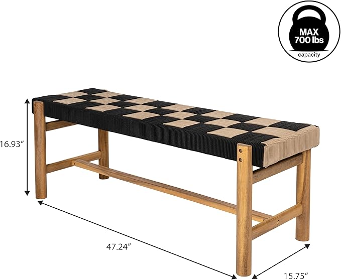 Eyely HNB202A Denis 48" 2-Seat Backless 700-Lbs Support Acacia Wood Outdoor Bench with Checkerboard Woven Rope Seat for Patio, Garden, Lawn, Backyard, Pool, Deck, Beach, Black/Beige