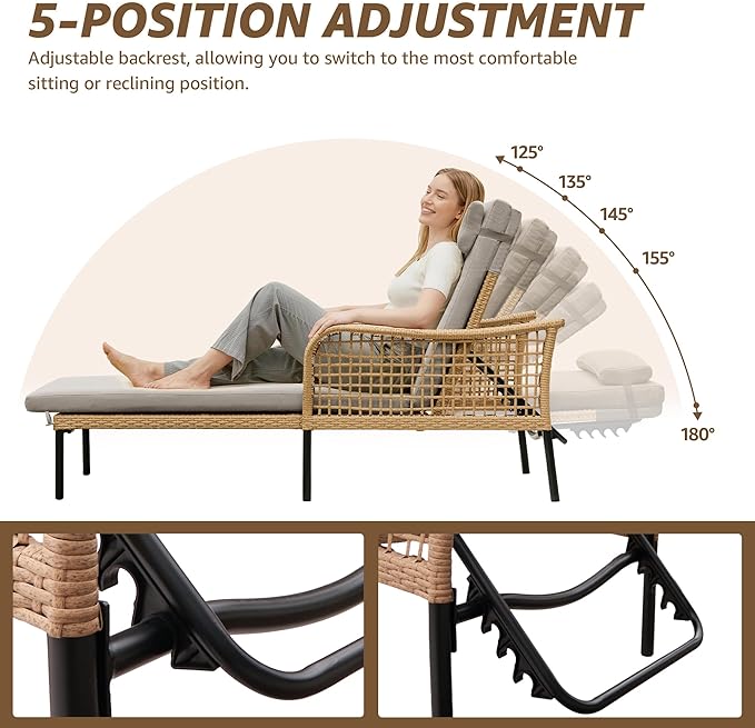 NATURAL EXPRESSIONS Aluminum Outdoor Chaise Lounge Chairs, Wicker Patio Lounge Chair Set of 2 with Side Table, 5-Position Recliner with Headrest Cushion for Yard, Pool (Shale)