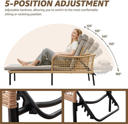 NATURAL EXPRESSIONS Aluminum Outdoor Chaise Lounge Chairs, Wicker Patio Lounge Chair Set of 2 with Side Table, 5-Position Recliner with Headrest Cushion for Yard, Pool (Shale)