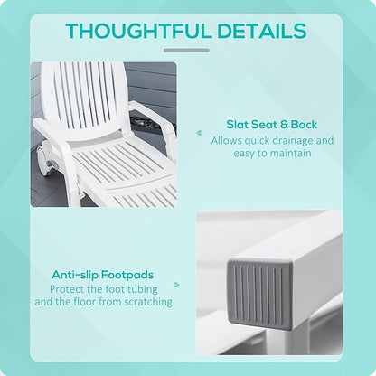 Outsunny Outdoor Chaise Lounge Chair on Wheels with Storage Box, Waterproof Lounger with Quick Assembly, Folding Design, 5 Level Adjustable Backrest for Pool, Beach, Patio, Garden, White