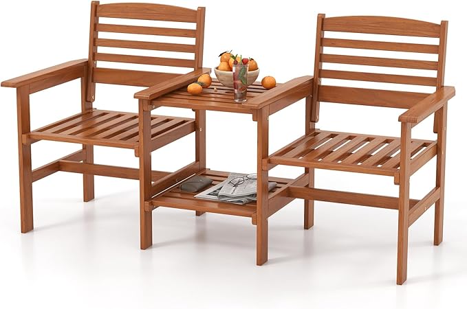 Tangkula Outdoor Patio Loveseat with Table, Wood 2-Seat Conversation Set with Coffee Table and Umbrella Hole - Photo 1