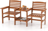 Tangkula Outdoor Patio Loveseat with Table, Wood 2-Seat Conversation Set with Coffee Table and Umbrella Hole - Photo 1