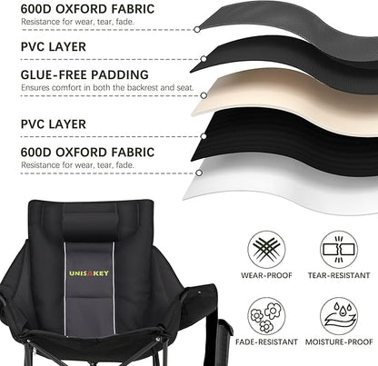 Oversized Rocking Camping Chair with Headrest & Cup Holder - 400lbs Capacity, 600D Oxford Fabric, Easy Fold Portable Outdoor Rocker Chair for Camping, Backyard, Beach, Deep Gray