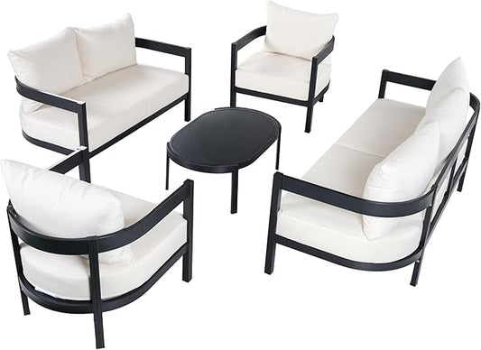 Merax 5 Piece Outdoor Curved Aluminum Patio Furniture Set, 2 Single Chairs & 1 Loveseat & 1 Three-Seater Sofa & 1 Oval Coffee Table, Conversation Set for Backyard Deck Poolside, Seats 7 Adult, Black