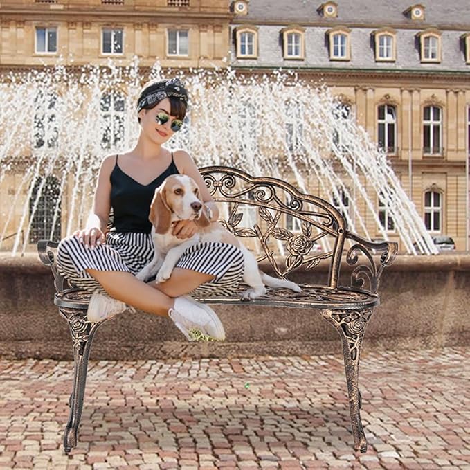 JOYBASE Outdoor Patio Bench - Cast Iron & Aluminum Garden Bench, Bronze Finish