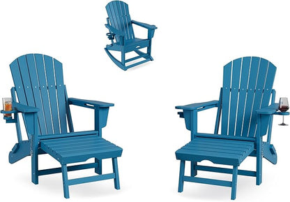 GarveeLife Adirondack Outdoor Rocking Chairs for Porch, Folding Adirondack Rocker Chair With Two Cup Holders, HDPE All Weather Outdoor Adirondacks Rocking Chair