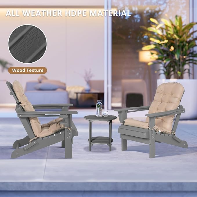 Adirondack Chair Set of 2 with Cushion & Cup Holder, HDPE Folding Adirondack Chairs with Wood-Like Grain Outdoor Fire Pit Chairs for Patio/Porch/Swimming Pool/Camping (Grey)