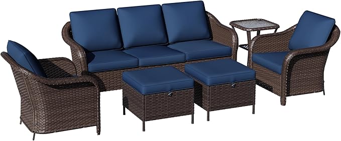 6 Piece Patio Wicker Conversation Set, All-Weather Use Outdoor Wicker Sofa with 2 PE Rattan Ottomans,2 Chair, 1 Side Table, Ideal for Porch, Backyard, Balcony, Poolside, Blue