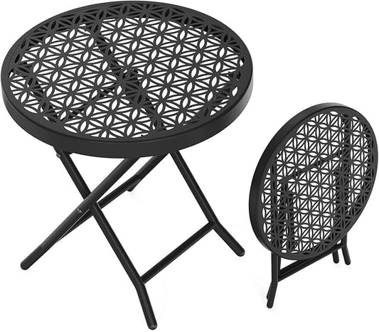 VINGLI Patio Folding Side Table, Small Outdoor Table with Everlasting Floral Pattern and Sturdy X-Shaped Metal Frame Ideal for Indoor & Outdoor Balcony, Porch, Backyard, Deck, Black, 1 Pack