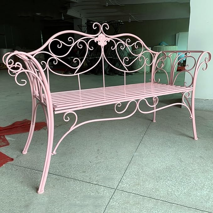 Garden Benches for Outdoors, Metal Garden Benches with Floral Design Backrest, Easy Assembly, for Porch, Yard, Lawn, Balcony(Pink)