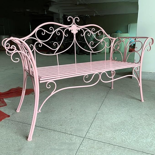 Garden Benches for Outdoors, Metal Garden Benches with Floral Design Backrest, Easy Assembly, for Porch, Yard, Lawn, Balcony(Pink)