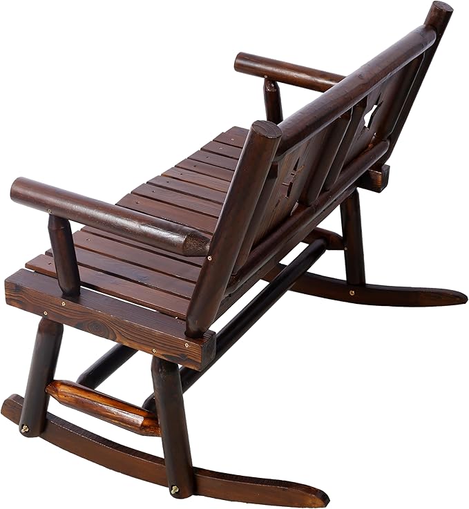 Outdoor Wood Rocking Chair, All-Weather Resistant 2-Person Loveseat,Heavy Duty Bench with Wide Curved Seats, Modern Solid Wood Rocking Loveseat for Patio, Backyard, Garden,Porch, Rustic Brown