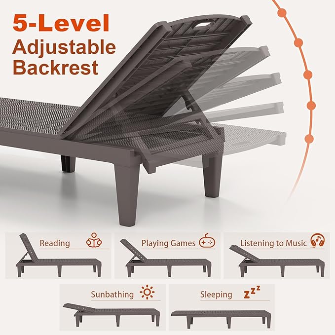 Tangkula Lounge Chair Outdoor Set of 2, Patio PP Pool Lounge Chairs with 5-Position Adjustable Backrests, Easy Assembly, Recliner Chaise Lounger for Poolside, Deck, Backyard, Porch (2, Brown)