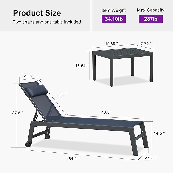 PURPLE LEAF Outdoor Lounge Chair Set of 3 Patio Chaise Pool Lounger Aluminum Frame with Side Table and Wheels for Outside Sunbathing Tanning Recliner Including Pillows Navy Blue