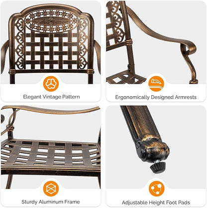VINGLI Patio Chairs Set of 2 - Stackable Outdoor Cast Aluminum Dining Chairs with Vintage Bronze Finish and Plaid Pattern, Metal Armchairs for Poolside, Backyard, Balcony (No Cushion)