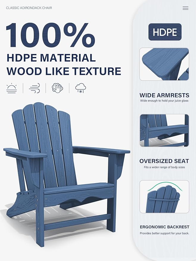 KINGYES HDPE Adirondack Chair, Classic All-Weather Adirondack Chairs Set of 2 - Photo 4