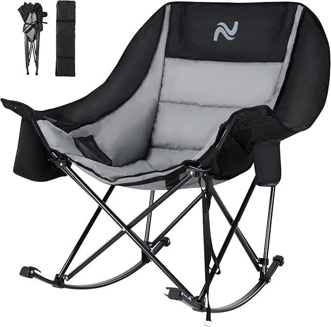 Slsy Oversized Rocking Camping Chair for Adults, 400 lbs Heavy Duty Padded Recliner with Side Pocket, Cup Holder & Carry Bag, Foldable Outdoor Lawn Chair for Patio, Backyard, or Camp