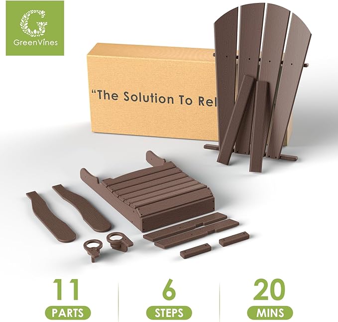 GREENVINES Adirondack-Chairs-with-Ottoman | Set of 4 | Wood Grain | Dark Brown | Folding | Retractable-Footrest | HDPE Plastic | All Weather Fire Pit Chair | Cup Holders | for Outdoor Poolside
