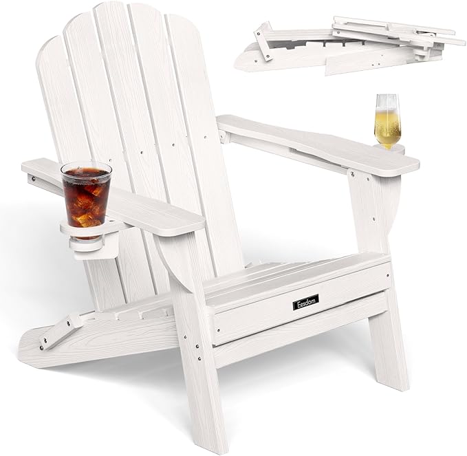 Folding Adirondack Chair, HDPE Adirondack Chair with 2 Cup Holders, Pre-Assembled Outdoor Fire Pit Chairs for Patio - Photo 1