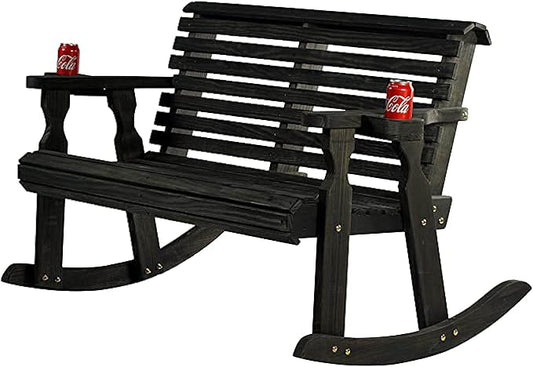 Amish Casual Heavy Duty 800 Lb Roll Back Pressure Treated Double Rocker with Cupholders (Semi-Solid Black Stain)